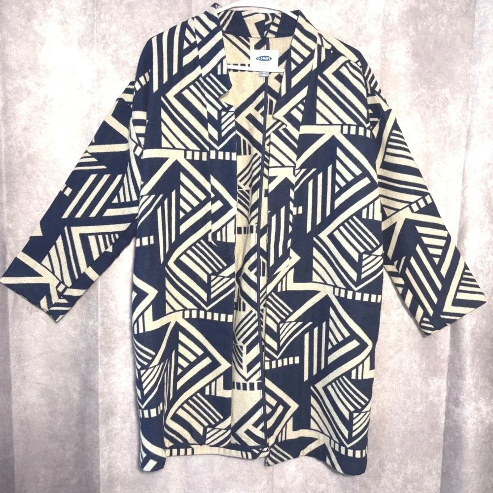 Old Navy Geometric Aztec Open Front Coat Women Size Medium Navy Cream Boho Retro